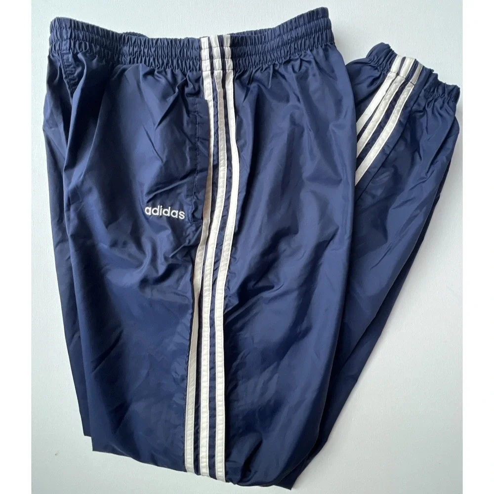 ADIDAS Pants Windbreaker Mens M Navy Blue White Stripes Jogger Y2K 90s Soccer